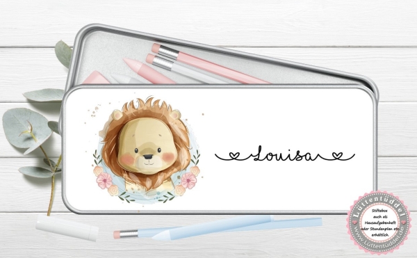 zuckersüße Stiftebox Geschenkdose Metall Löwe mit Name personalisiert zur Einschulung oder nur so für Spickzettel und kleine Briefchen  von Lüttentüddel®